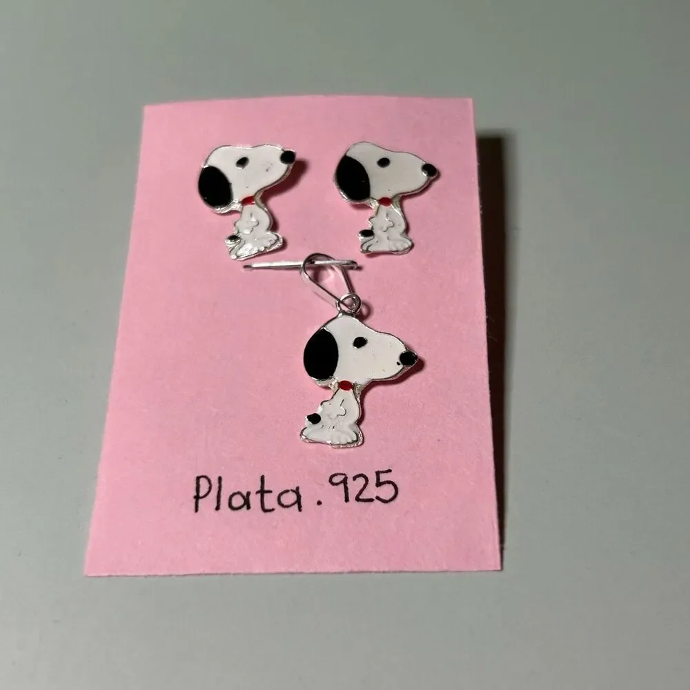 Snoopy Set 925 Sterling Silver Pendant and Earring Set